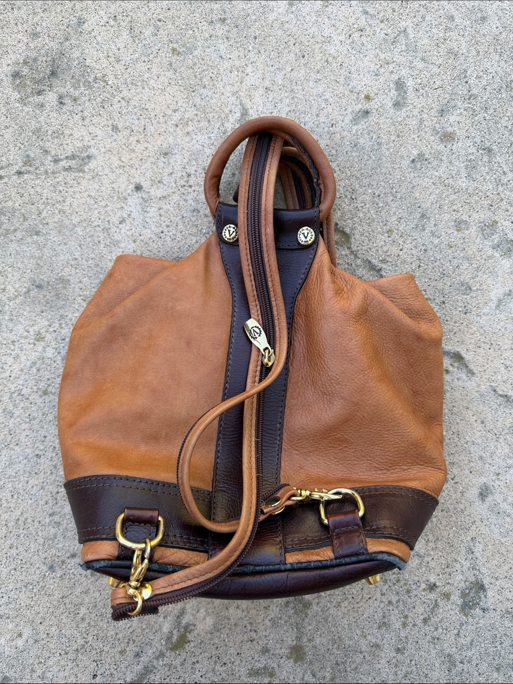 Valentina Cognac Tan & Brown Leather Two Tone Backpack Purse - Picture 6 of 12
